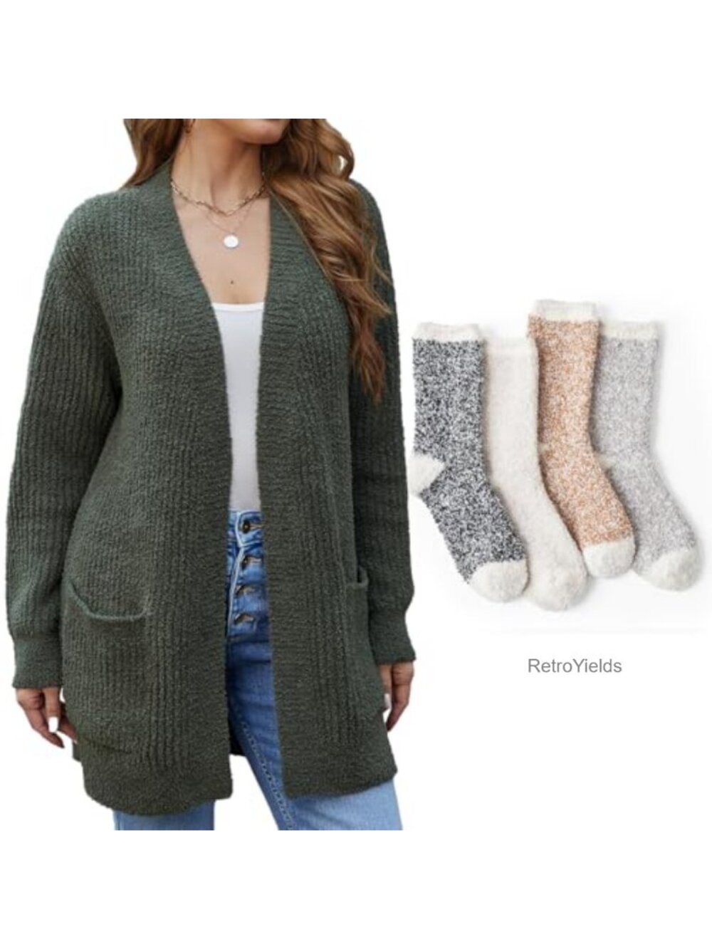 Microfiber Fuzzy Socks Set with Cardigan L Size Soft Cozy